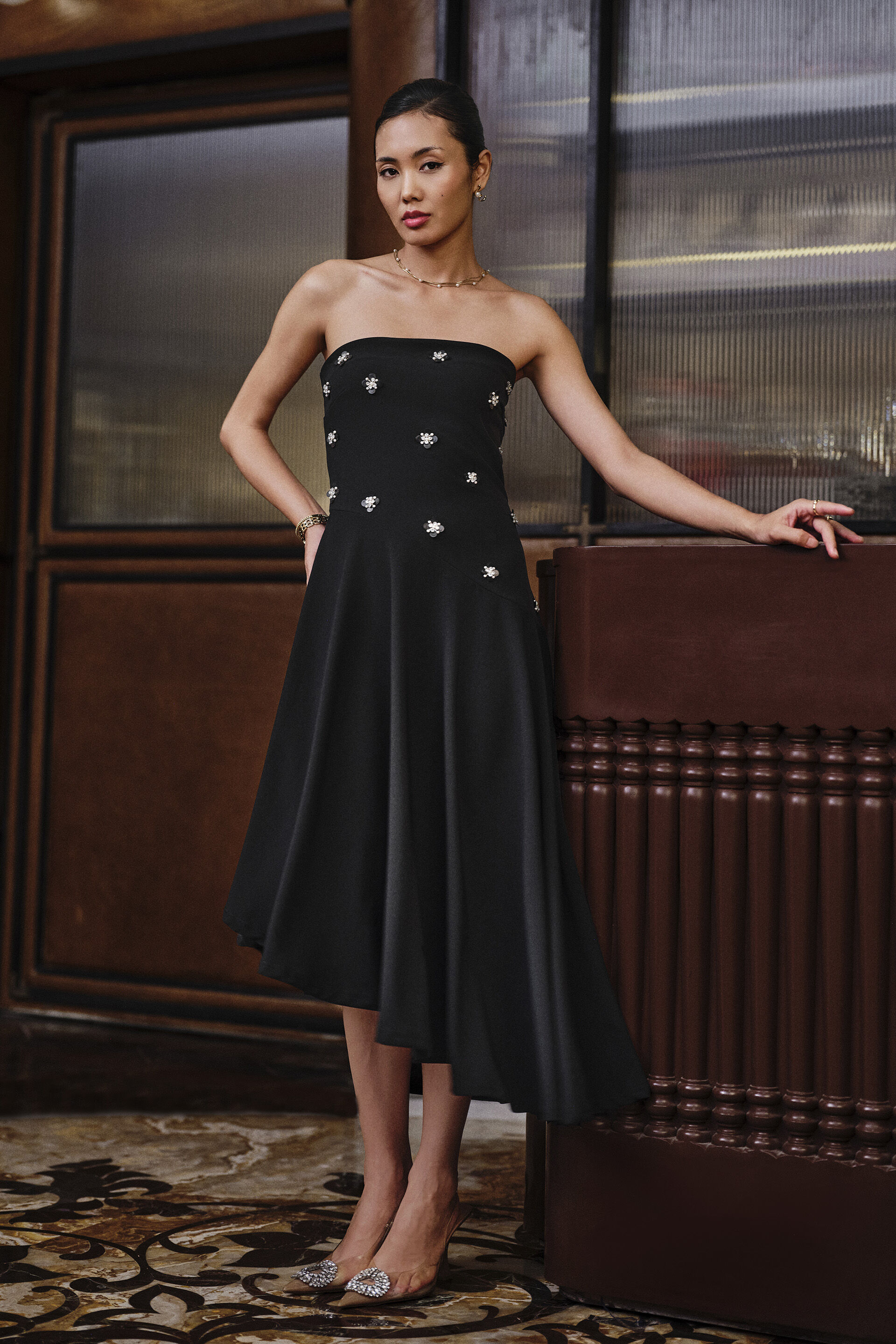 Aymmetric Embroidered Bandeau Dress in Black, Black, image 1